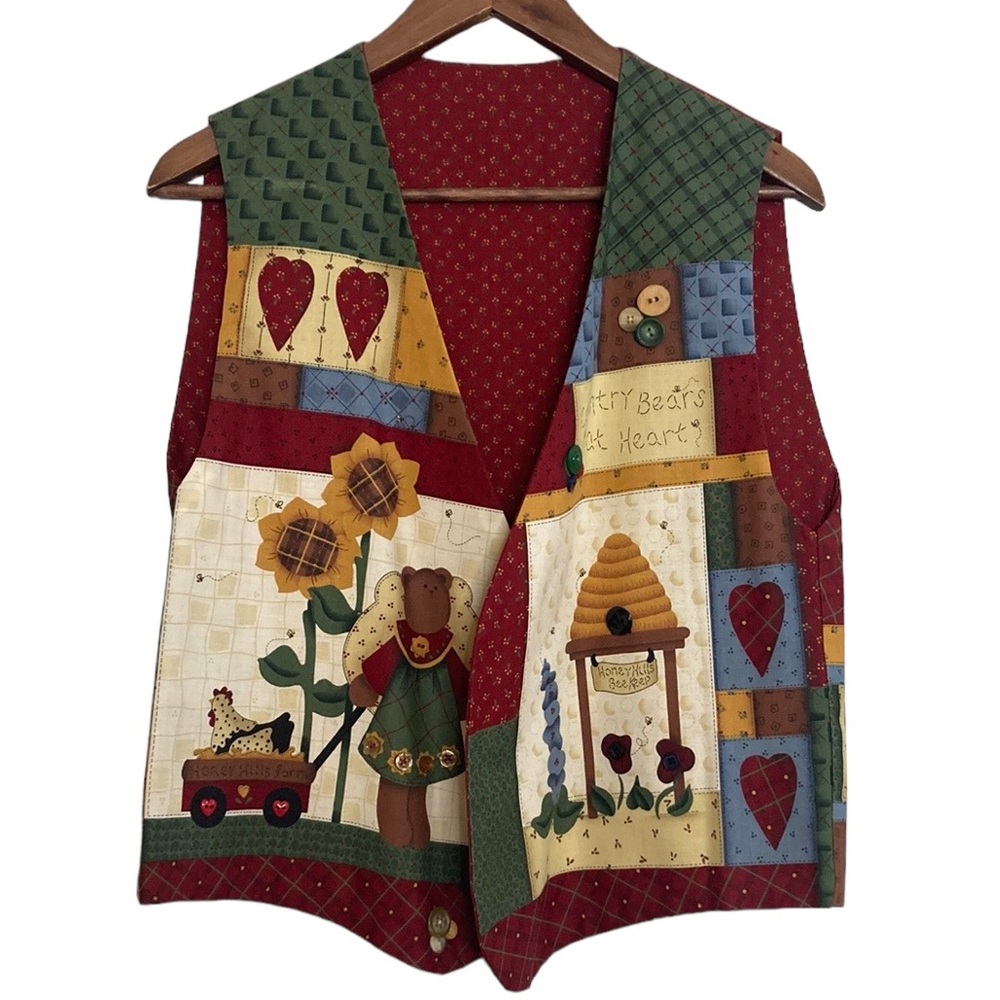 Handmade Vest Womens Medium Red Green Country Bears Cute 90s Mom Normcore